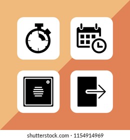 4 alarm icons in vector set. intercom, calendar with a clock time tools, exit and stopwatch illustration for web and graphic design