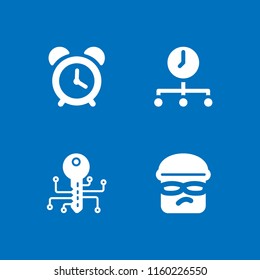 4 alarm icons in vector set. time, smart key, clock and burglar illustration for web and graphic design