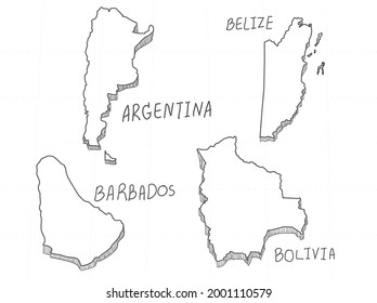 4 America 3D Map is composed Argentina, Belize, Bolivia and Barbados. All hand drawn on white background.