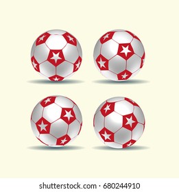 4 American soccer balls, world and European football ball, 3d art with shadow, white red white stars.