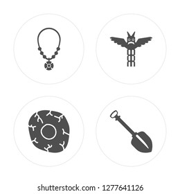 4 Amulet, Wheel, Totem, Shovel modern icons on round shapes, vector illustration, eps10, trendy icon set.