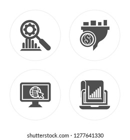 4 Analytics, Net, Filter, Stadistics modern icons on round shapes, vector illustration, eps10, trendy icon set.