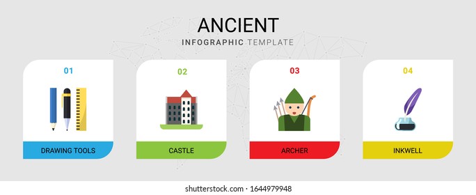 4 ancient flat icons set isolated on infographic template. Icons set with Drawing tools, castle, archer, Inkwell icons.