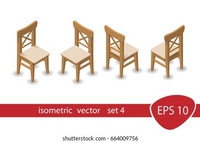 4 angle isometric oak chair set with soft pillow seat and cross decor back, vector illustration isometry isolated on white
