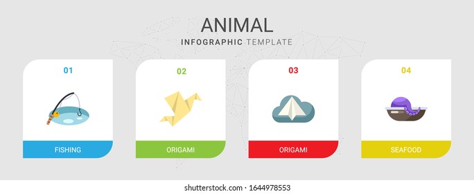 4 animal flat icons set isolated on infographic template. Icons set with Fishing, Origami, seafood icons.