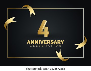 4 Anniversary celebration with gold number on square frame and ribbon background. 
