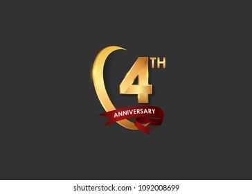 4 anniversary design logotype golden color with ring and red ribbon for celebration