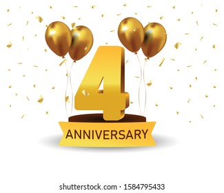4 Anniversary gold numbers with golden confetti. Celebration 10th anniversary event party template.