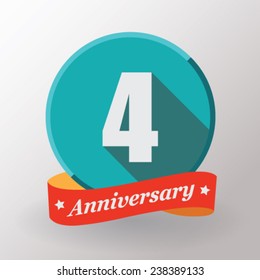 4 Anniversary   label with ribbon. Flat design.