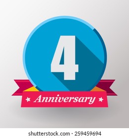 4 Anniversary label with ribbon. Flat design.