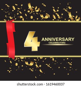 4 anniversary logo with confetti golden colored and red ribbon isolated on black background, vector design for greeting card and invitation card