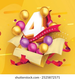 4 anniversary logo template on a gift box with a yellow background and balloons. 4th anniversary celebration featuring a red ribbon and balloons. Gift box concept for an anniversary invitation card.