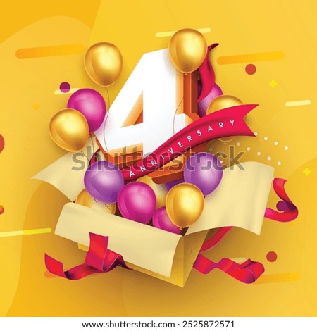 4 anniversary logo template on a gift box with a yellow background and balloons. 4th anniversary celebration featuring a red ribbon and balloons. Gift box concept for an anniversary invitation card.