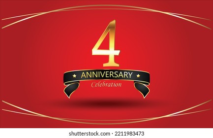 4 Anniversary with red background. 4th Golden anniversary banner. red anniversary celebration. Golden anniversary with ribbon