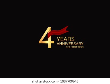 4 anniversary vector design golden colored with red ribbon isolated on black background