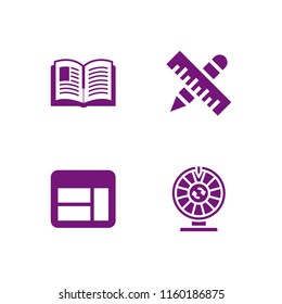 4 antique icons in vector set. book, wheel, frame and ruler illustration for web and graphic design