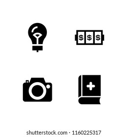 4 antique icons in vector set. photo camera, book, lightbulb and slots coincidence illustration for web and graphic design