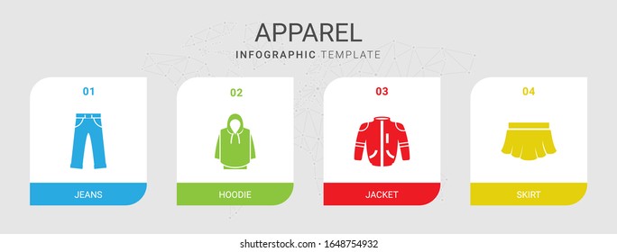 4 iconos rellenos de prendas de vestir aislados en plantilla infográfica. Iconos con jeans, capucha, chaqueta, íconos de falda.
