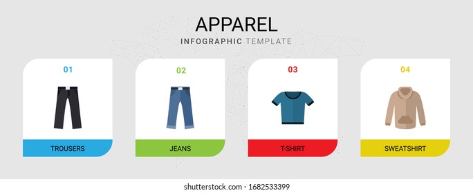 4 iconos planos de prendas de vestir aislados en plantilla infográfica. Iconos con pantalones, jeans, pantalones, iconos de los sudaderas.
