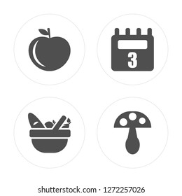 4 Apple, Picnic basket, Calendar, Mushroom modern icons on round shapes, vector illustration, eps10, trendy icon set.