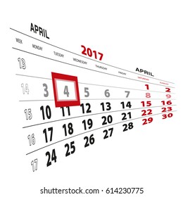 4 April highlighted on calendar 2017. Week starts from Monday. Vector Illustration.