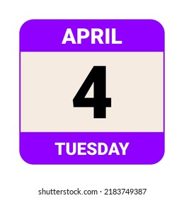 4 de abril, martes. Plantilla de fecha. Diseño útil para la promoción de calendarios o eventos. Ilustración vectorial Archivo EPS 10.