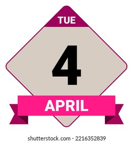 4 April, Tuesday. Date template. Useful design for calendar or event promotion. Vector illustration EPS 10 