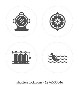 4 Aqualung, Oxygen tank, Wind rose, Message in a bottle modern icons on round shapes, vector illustration, eps10, trendy icon set.