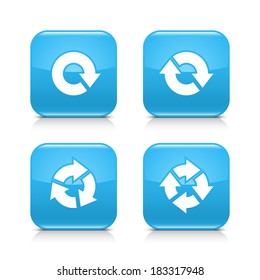 4 arrow blue glossy icon. Repeat, reload, refresh, rotation white sign. Set 01. Rounded square button with gray reflection, black shadow on white background. Vector illustration web design in 8 eps