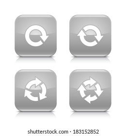 4 arrow gray icon. White repeat, reload, refresh, rotation sign. Set 04. Rounded square web button with black shadow, gray reflection on white background. Vector illustration design element in 8 eps