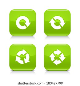 4 arrow green glossy icon. Repeat, reload, refresh, rotation white sign. Set 03. Rounded square button with gray reflection, black shadow on white background. Vector illustration web design in 8 eps