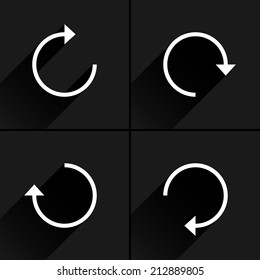 4 arrow icon refresh, rotation, reset, repeat, reload sign set 01. White pictogram with black long shadow on gray background. Simple, plain, solid, flat style. Vector illustration web design 8 eps