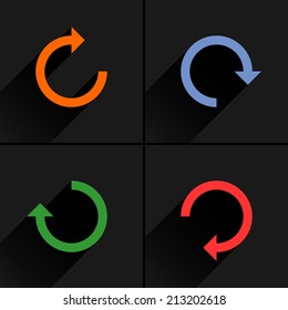 4 arrow icon refresh, rotation, reset, repeat, reload sign set 02. Orange, blue, green, red colors pictogram with black long shadow on gray background. Simple flat style vector illustration