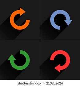 4 arrow icon refresh, rotation, reset, repeat, reload sign set 03. Orange, blue, green, red colors pictogram with black long shadow on gray background. Simple flat style vector illustration