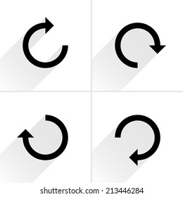 4 arrow icon refresh, rotation, reset, repeat, reload sign set 02. Black pictogram with gray long shadow on white background. Simple, plain, solid, flat style. Vector illustration web design 8 eps