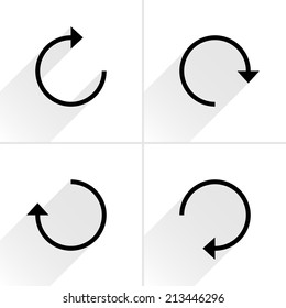 4 arrow icon refresh, rotation, reset, repeat, reload sign set 01. Black pictogram with gray long shadow on white background. Simple, plain, solid, flat style. Vector illustration web design 8 eps