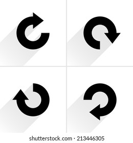 4 arrow icon refresh, rotation, reset, repeat, reload sign set 04. Black pictogram with gray long shadow on white background. Simple, plain, solid, flat style. Vector illustration web design 8 eps