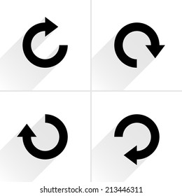 4 arrow icon refresh, rotation, reset, repeat, reload sign set 03. Black pictogram with gray long shadow on white background. Simple, plain, solid, flat style. Vector illustration web design 8 eps