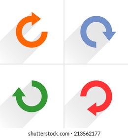 4 arrow icon refresh, rotation, reset, repeat, reload sign set 03. Orange, blue, green, red colors pictogram with gray long shadow on white background. Simple flat style vector illustration