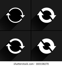 4 arrow icon. Set 02. Refresh, rotation, reset, repeat, reload sign. White pictogram with black long shadow on gray background. Simple, plain, solid, flat style. Vector illustration web design 8 eps