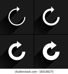 4 arrow icon. Set 05. Repeat, reload, refresh, rotation, reset sign. White pictogram with black long shadow on gray background. Simple, plain, solid, flat style. Vector illustration web design 8 eps