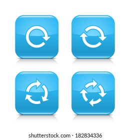 4 arrow icon. White repeat, reload, refresh, rotation sign. Set 01. Blue rounded square web button with black shadow, gray reflection on white background. Vector illustration design element in 8 eps