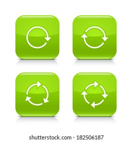 4 arrow icon. White rotation, repeat, refresh, reload sign. Set 03. Green rounded square button with gray reflection, black shadow on white background. Vector illustration web design element in 8 eps