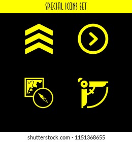 4 arrow icons in vector set. map and compass orientation tools, right arrow circular button, chevron and compass illustration for web and graphic design