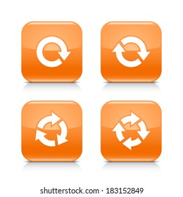 4 arrow orange icon. White repeat, reload, refresh, rotation sign. Set 02. Rounded square web button with black shadow, gray reflection on white background. Vector illustration design element in 8 eps