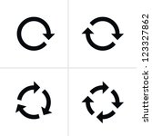 4 arrow pictogram refresh reload rotation loop sign set. Volume 02. Simple black icon on white background. Modern mono solid plain flat minimal style. Vector illustration web design elements 8 eps