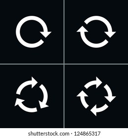 4 arrow pictogram refresh reload rotation loop sign set. Volume 02 - White Version. Simple icon on black background. Mono solid plain flat minimal style. Vector illustration web design elements 8 eps