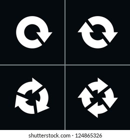 4 arrow pictogram refresh reload rotation loop sign set. Volume 04 - White Version. Simple icon on black background. Mono solid plain flat minimal style. Vector illustration web design elements 8 eps