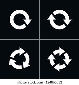 4 arrow pictogram refresh reload rotation loop sign set. Volume 03 - White Version. Simple icon on black background. Mono solid plain flat minimal style. Vector illustration web design elements 8 eps