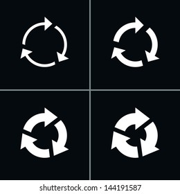 4 arrow sign reload, refresh, rotation, repeat pictogram. Set 03. Simple white icon on black background. Modern mono solid plain flat minimal style. Vector illustration web design elements 8 eps